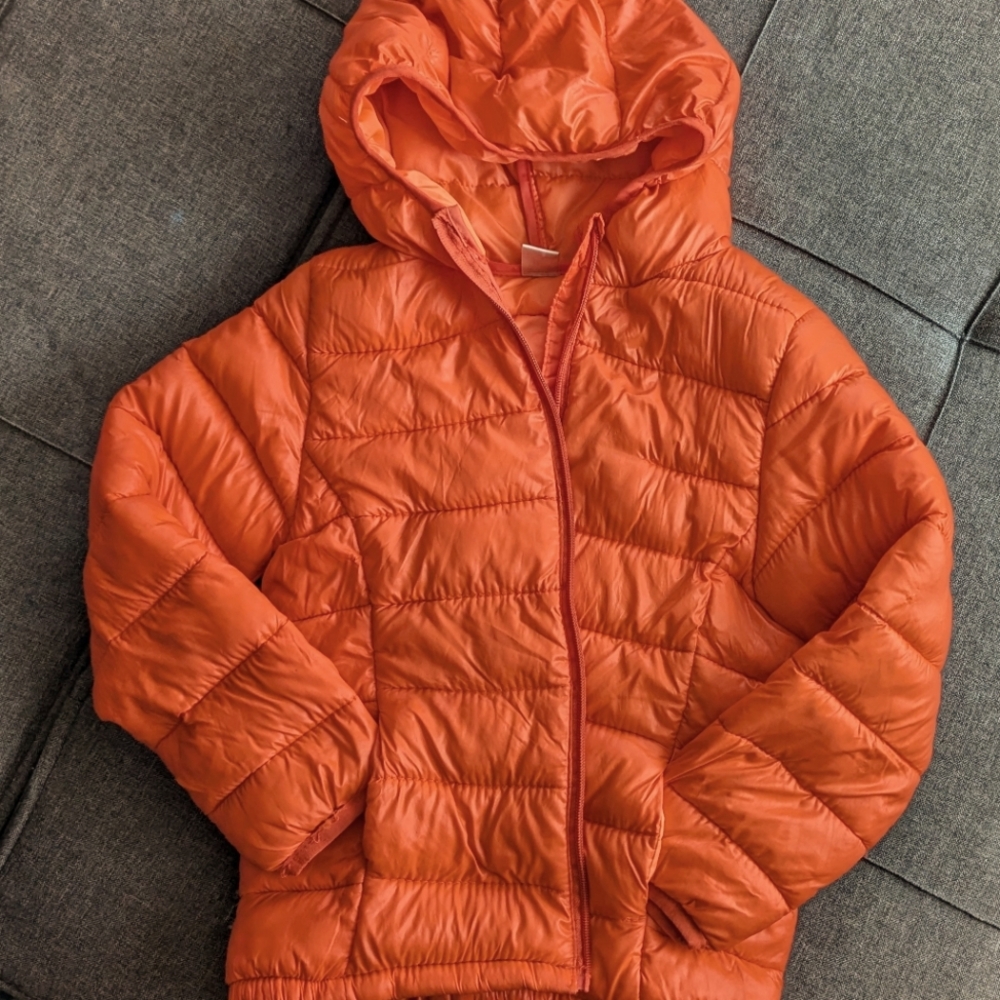 Bright orange zip up hoodie puffer coat